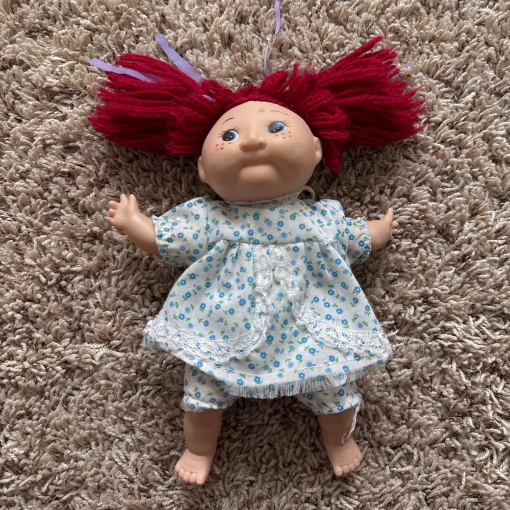 Vintage Cabbage Patch Kids Mini Doll Red Yarn Hair Blue Floral Dress 9 Inch